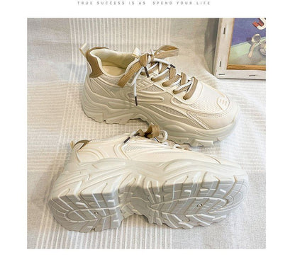 Leather Tone Platform Lace-Up Faux Mesh Sneakers Two Panel