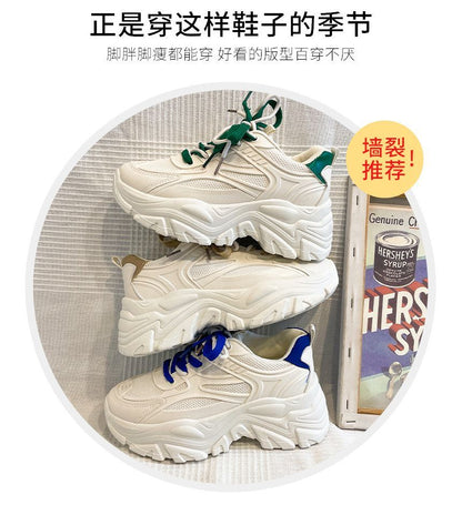 Leather Tone Platform Lace-Up Faux Mesh Sneakers Two Panel