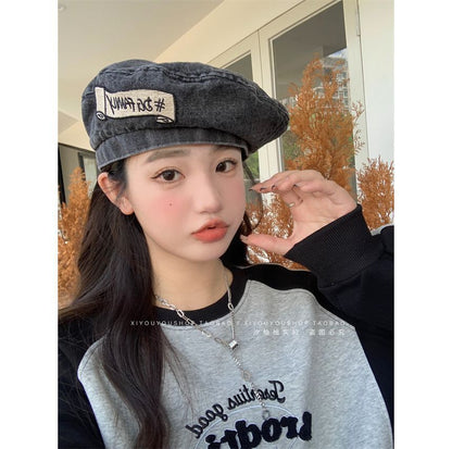 Hat Embroidered Lettering Beret Denim