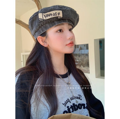 Hat Embroidered Lettering Beret Denim