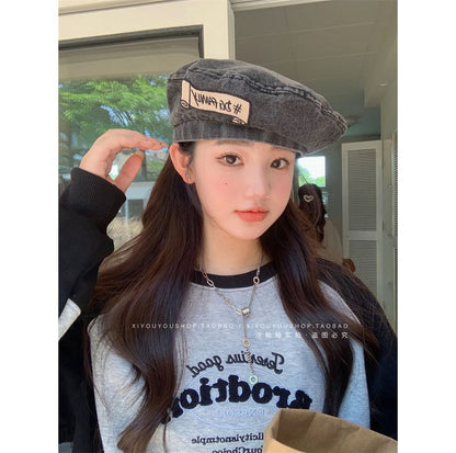 Hat Embroidered Lettering Beret Denim