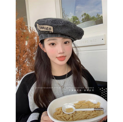 Hat Embroidered Lettering Beret Denim