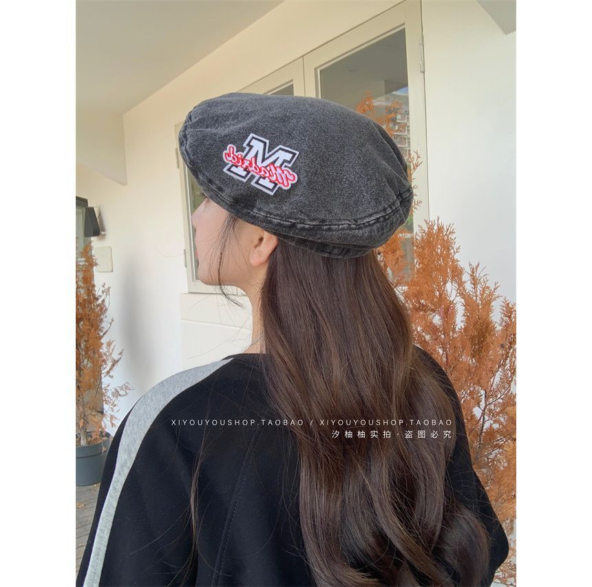 Hat Embroidered Lettering Beret Denim