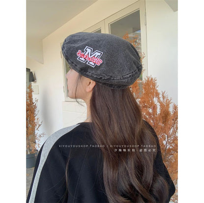 Hat Embroidered Lettering Beret Denim