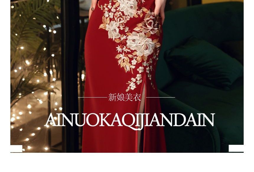 Short-Sleeve Flower / Qipao A-Line Embroidered Side-Slit