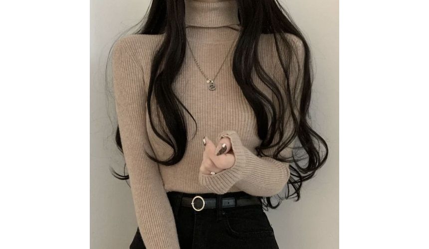 Long-Sleeve Turtleneck Plain Ribbed Knit Top