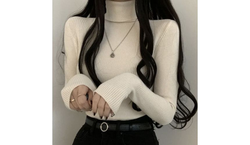 Long-Sleeve Turtleneck Plain Ribbed Knit Top