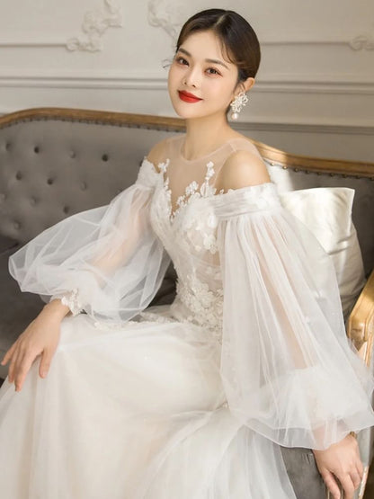 Balloon Sleeve Cold Shoulder Plain Flower Applique Mesh A-Line Wedding Gown