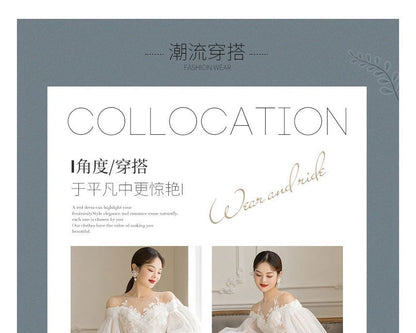 Balloon Sleeve Cold Shoulder Plain Flower Applique Mesh A-Line Wedding Gown