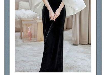 Puff Sleeve Off Shoulder Two Tone Velvet A-Line Evening Gown