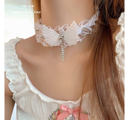 Cross Rhinestone Wing Pendant Studded Lace Choker