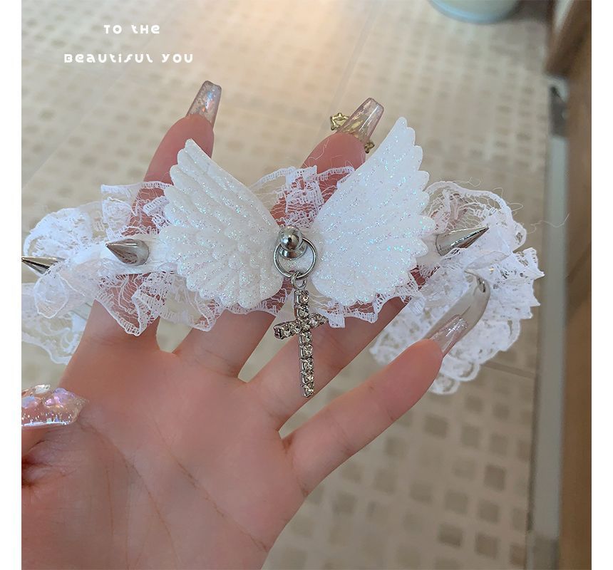 Cross Rhinestone Wing Pendant Studded Lace Choker