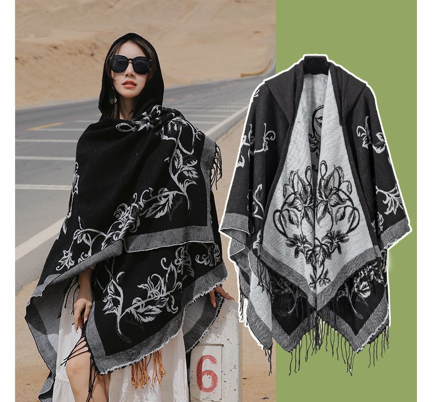 Floral Fringed Hooded Cape