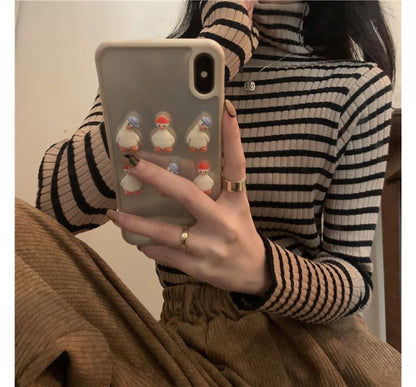 Long-Sleeve Turtleneck Striped Ribbed Knit Top