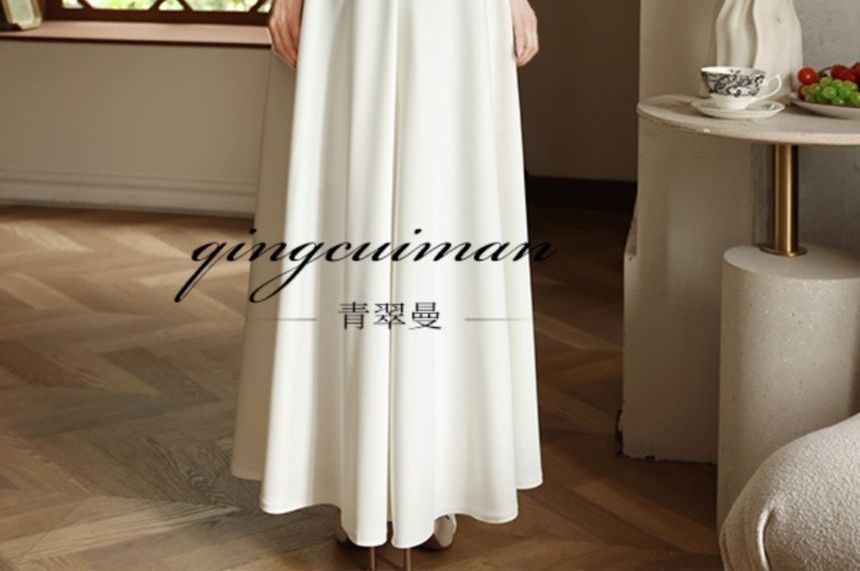 Elbow-Sleeve V-Neck Plain Maxi A-Line Dress