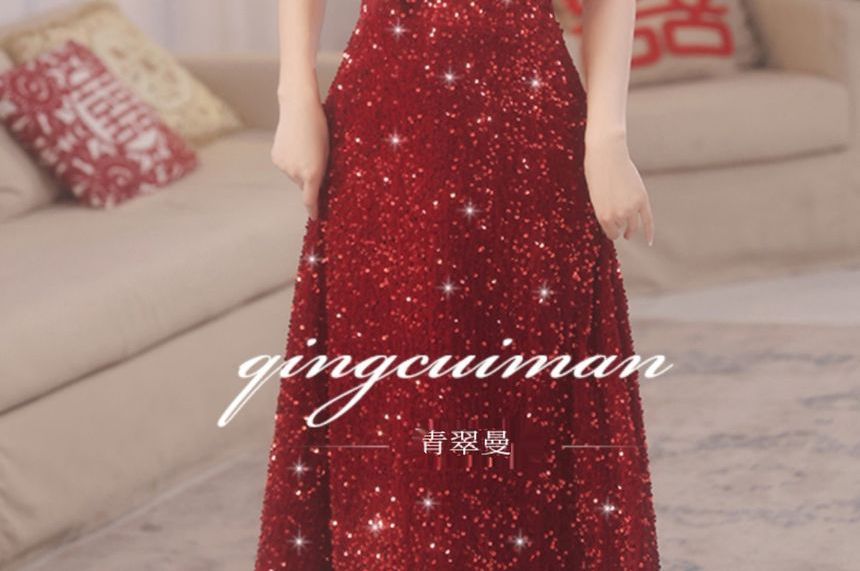 Short-Sleeve Off-Shoulder Plain Sequin Bow Accent A-Line Evening Gown