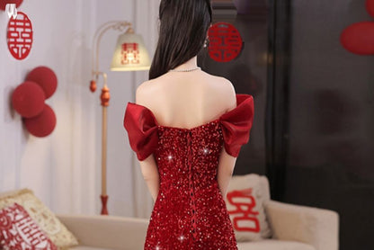 Short-Sleeve Off-Shoulder Plain Sequin Bow Accent A-Line Evening Gown