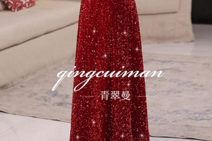 Short-Sleeve Off-Shoulder Plain Sequin Bow Accent A-Line Evening Gown