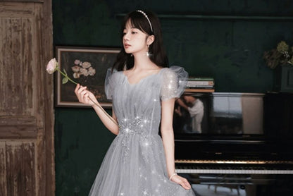 Puff-Sleeve Sweetheart Neckline Sequin Mesh A-Line Evening Gown