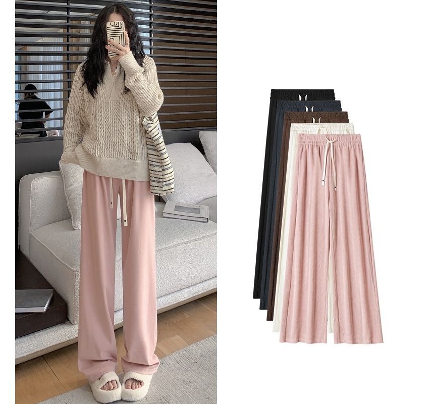 Heart Logo High Rise Drawstring Plain Wide Leg Sweatpants