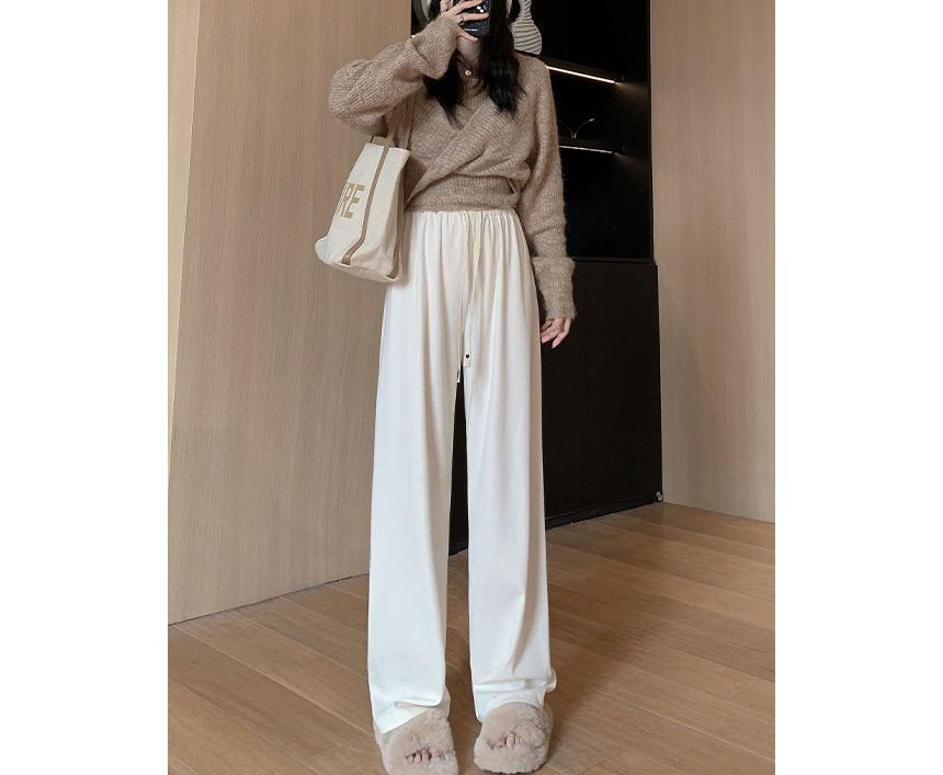 Heart Logo High Rise Drawstring Plain Wide Leg Sweatpants