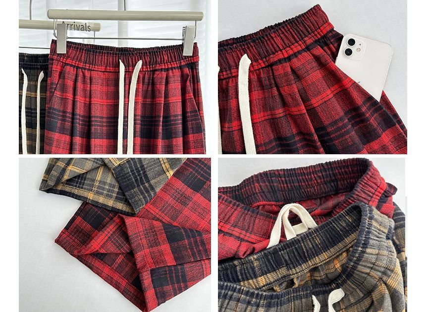 Plaid High Rise Wide Leg Drawstring Sweatpants