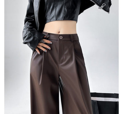 Mid Waist Faux Leather Wide Leg Plain Suit Pants