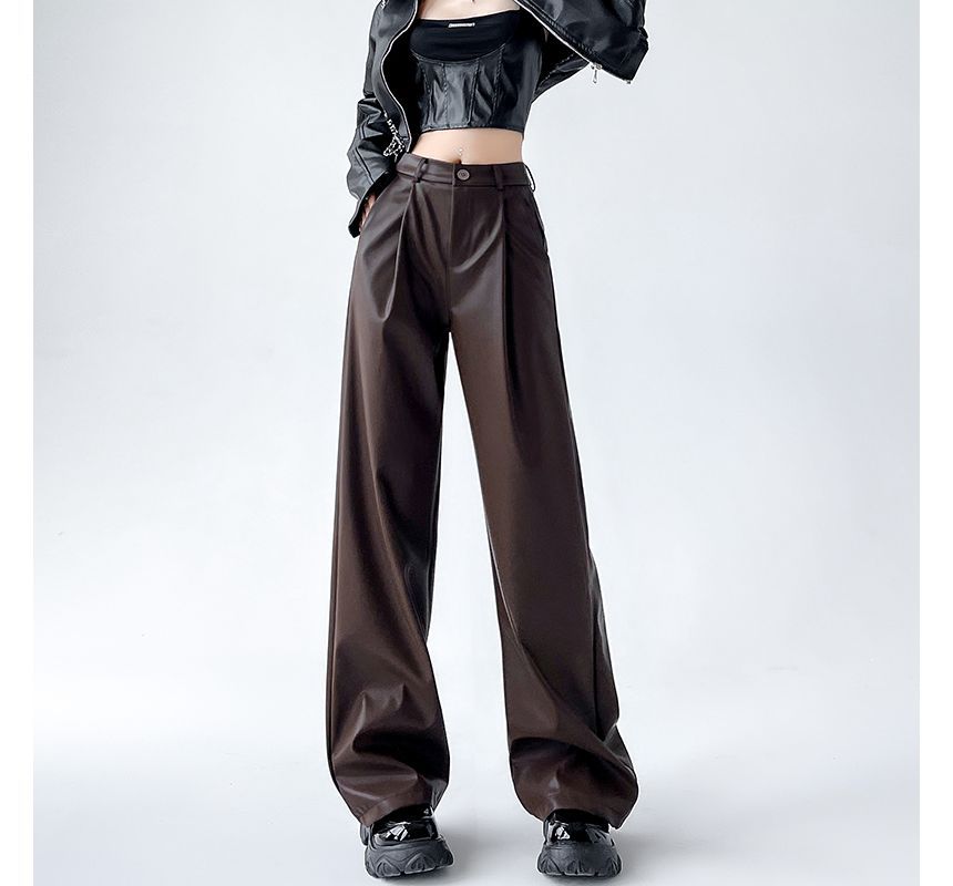 Mid Waist Faux Leather Wide Leg Plain Suit Pants