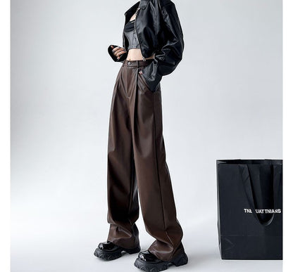 Mid Waist Faux Leather Wide Leg Plain Suit Pants