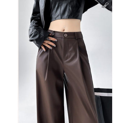 Mid Waist Faux Leather Wide Leg Plain Suit Pants