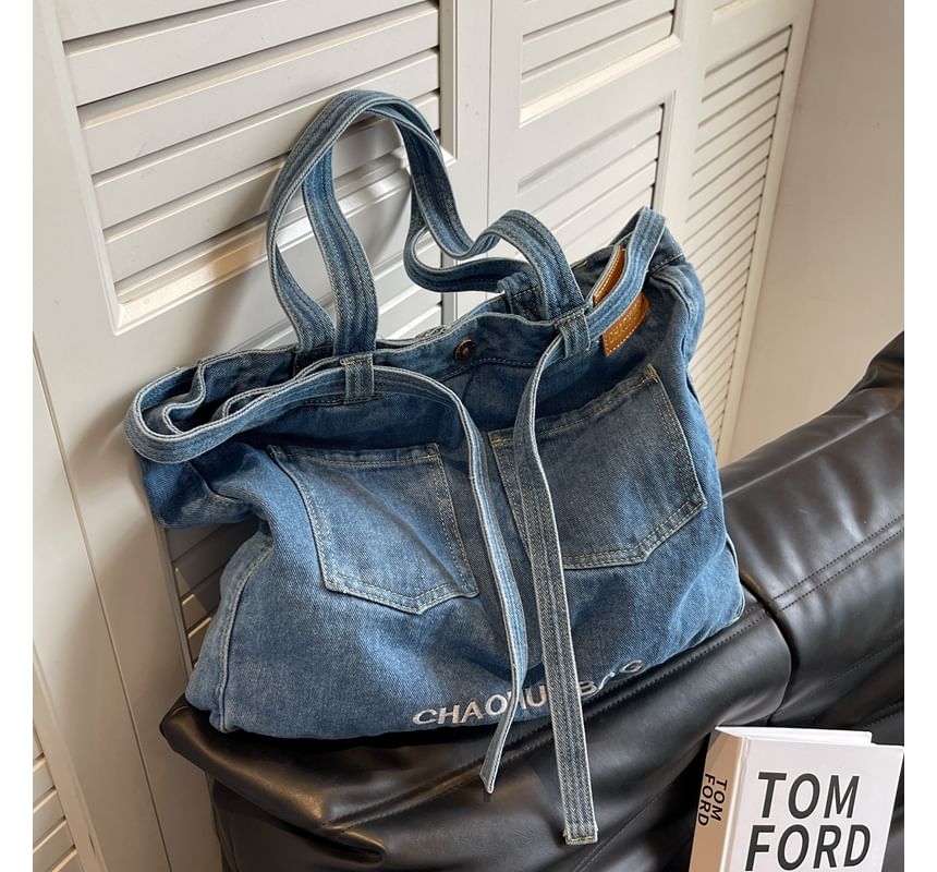 Lettering Washed Denim Tote Bag