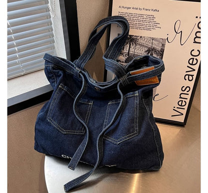 Lettering Washed Denim Tote Bag