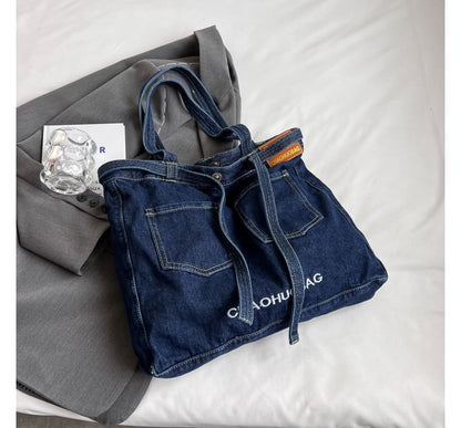 Lettering Washed Denim Tote Bag