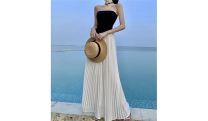 Strapless Two-Tone Accordion Pleat Midi Sundress