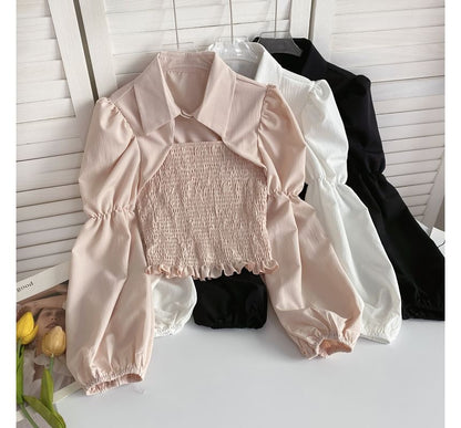 Puff-Sleeve Plain Smocked Shirred Blouse