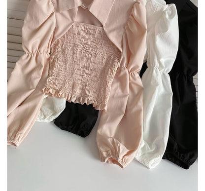 Puff-Sleeve Plain Smocked Shirred Blouse