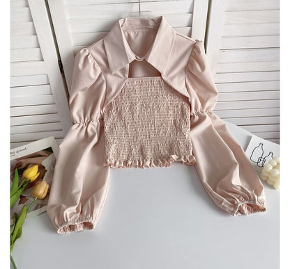 Puff-Sleeve Plain Smocked Shirred Blouse