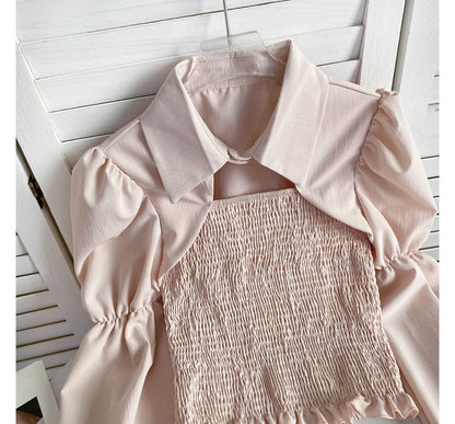 Puff-Sleeve Plain Smocked Shirred Blouse