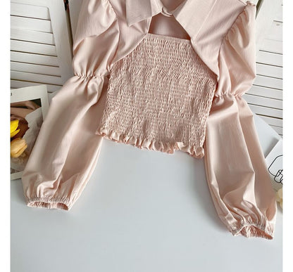 Puff-Sleeve Plain Smocked Shirred Blouse