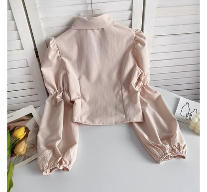 Puff-Sleeve Plain Smocked Shirred Blouse