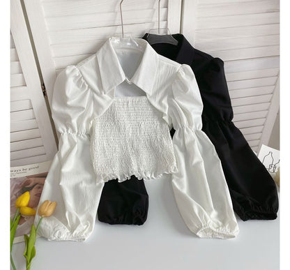 Puff-Sleeve Plain Smocked Shirred Blouse