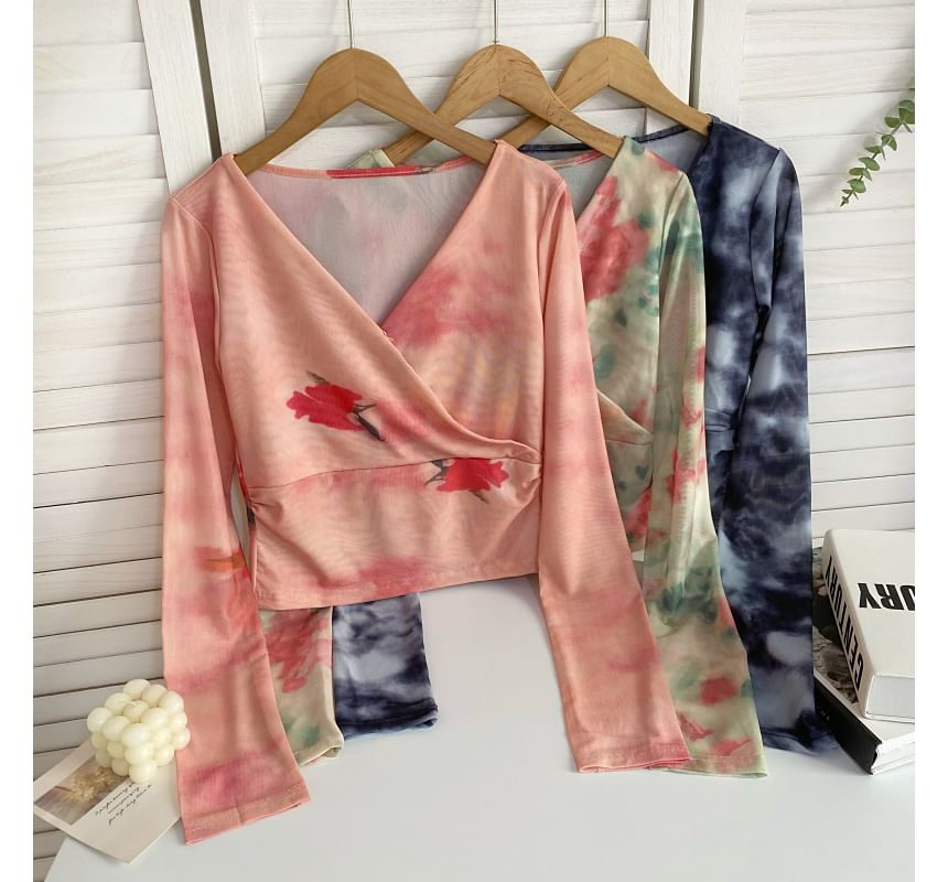 Long-Sleeve V-Neck Floral Print Wrap Mesh Top