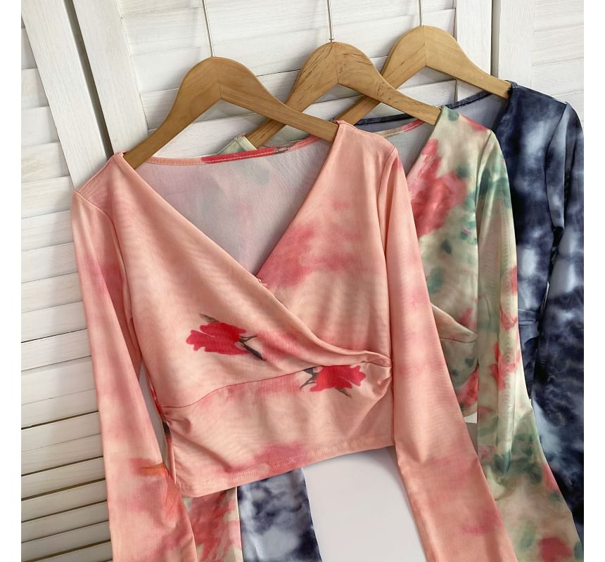 Long-Sleeve V-Neck Floral Print Wrap Mesh Top