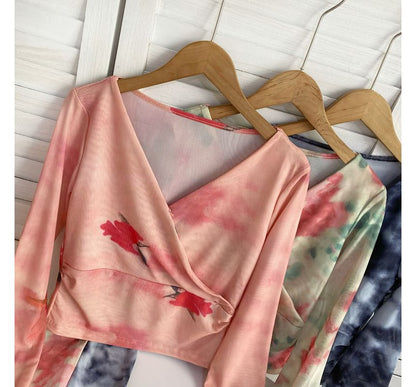 Long-Sleeve V-Neck Floral Print Wrap Mesh Top