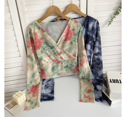 Long-Sleeve V-Neck Floral Print Wrap Mesh Top