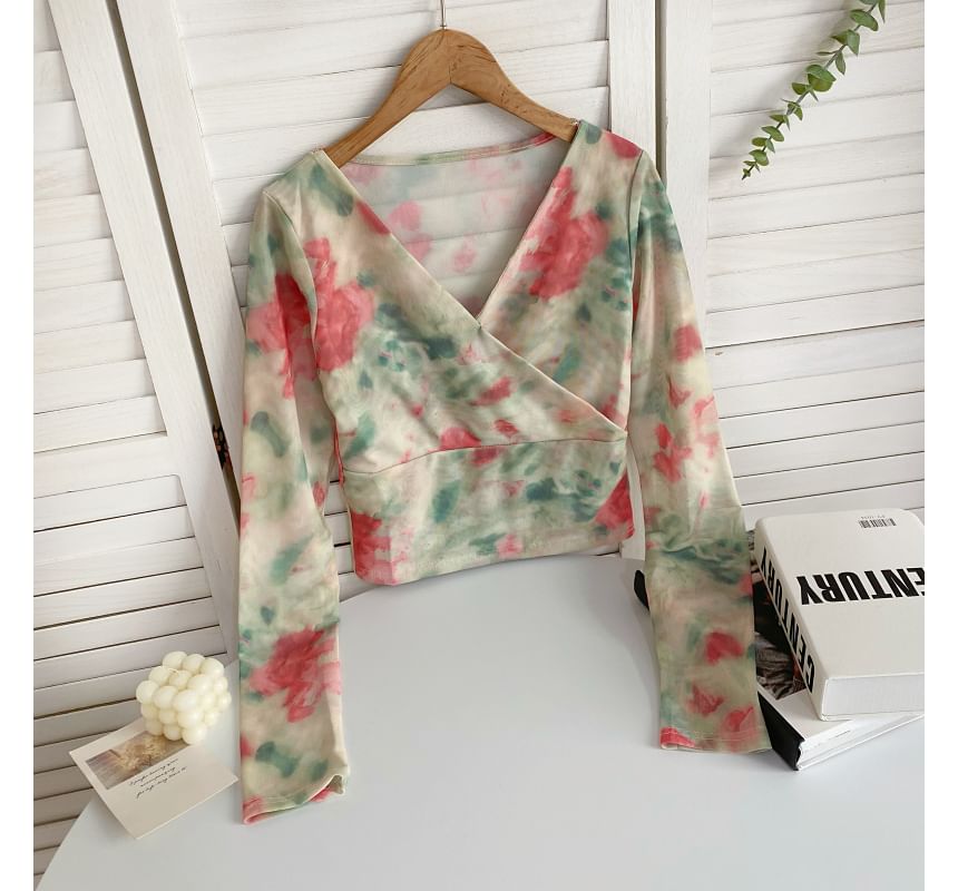 Long-Sleeve V-Neck Floral Print Wrap Mesh Top