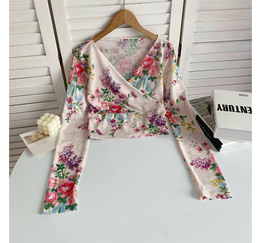 Long-Sleeve V-Neck Floral Print Wrap Mesh Top