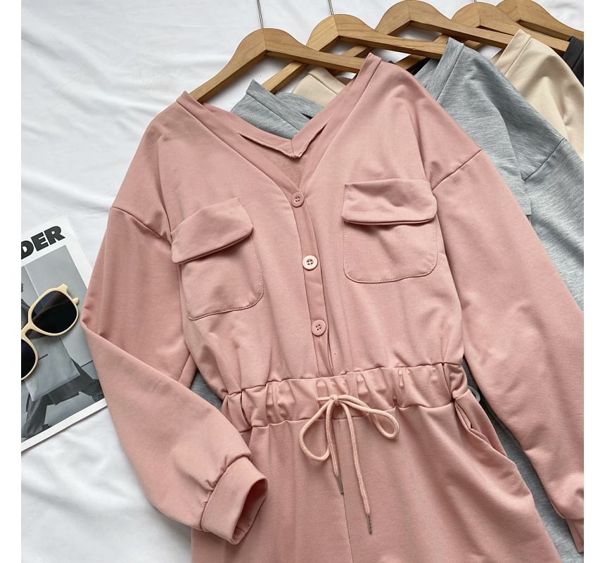 Long-Sleeve V-Neck Plain Button-Up Drawstring Romper