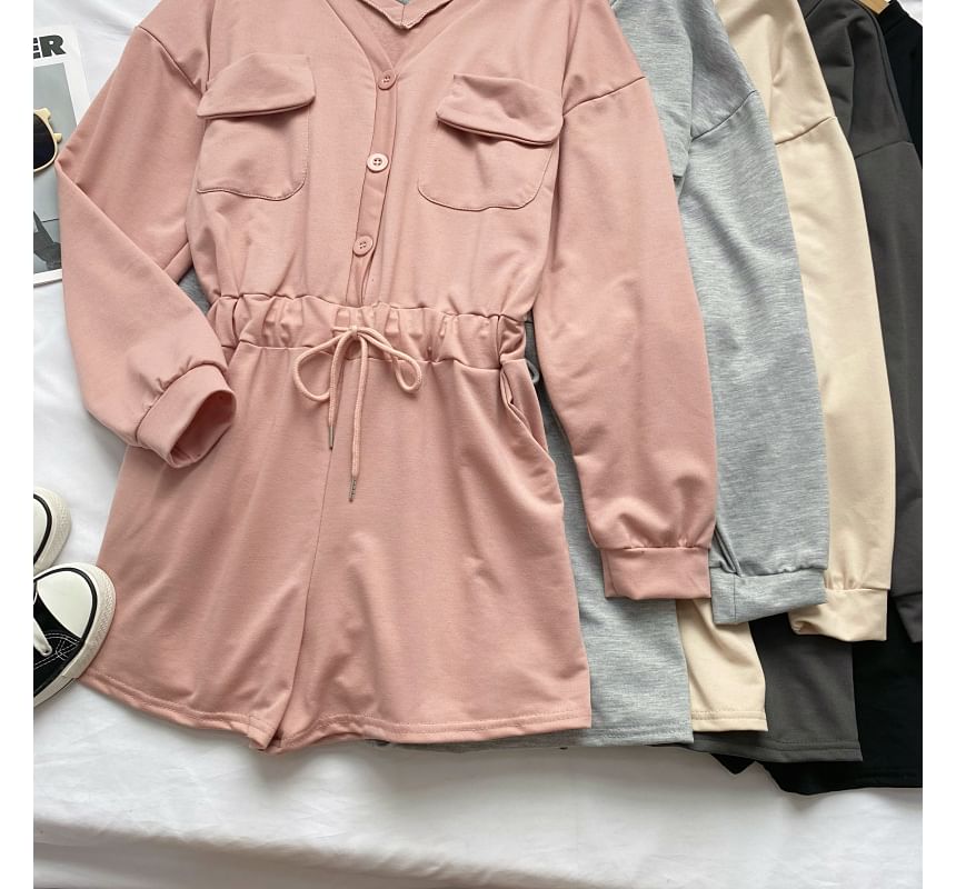 Long-Sleeve V-Neck Plain Button-Up Drawstring Romper