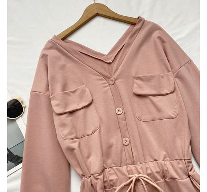 Long-Sleeve V-Neck Plain Button-Up Drawstring Romper